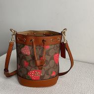 Coach Mini Dempsey Bucket Bag in Signature Canvas with Wild Strawberry Print Brown