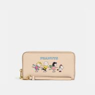 Coach Long Zip Around Wallet in Pebble Leather with Peanuts Snoopy and Friends Motif Apricot