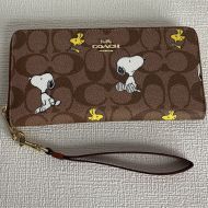 Coach Long Zip Around Wallet in Signature Canvas with Peanuts Snoopy Woodstock Print Coffee