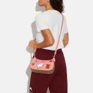 Coach Teri Shoulder Bag in Pebble Leather with Creature Patches Pink/Khaki