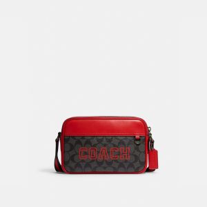 Coach Graham Crossbody Bag in Signature Canvas with Varsity Motif Black/Red