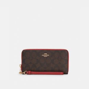 Coach Long Zip Around Wristlet Wallet in Signature Canvas Coffee/Red