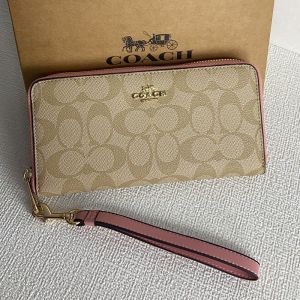 Coach Long Zip Around Wristlet Wallet in Signature Canvas Khaki/Pink