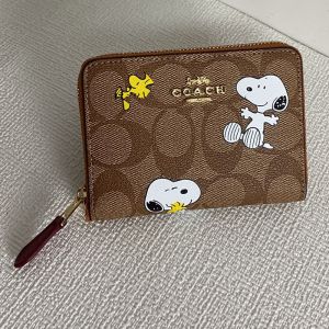Coach Small Zip Around Wallet in Signature Canvas with Peanuts Snoopy Woodstock Print Coffee