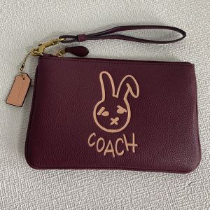 Coach Small Lunar New Year Wristlet Wallet in Pebble Leather with Rabbit Burgundy