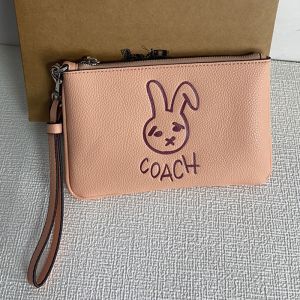 Coach Small Lunar New Year Wristlet Wallet in Pebble Leather with Rabbit Pink